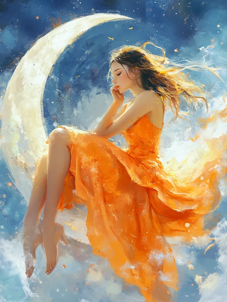 A woman in a flowing orange dress sits on a crescent moon in a sky filled with clouds and stars. She has long flowing brown hair and is looking down, seemingly lost in thought. The image has a dreamlike quality, like a scene from a fantasy novel. The overall feel is one of peace and tranquility.