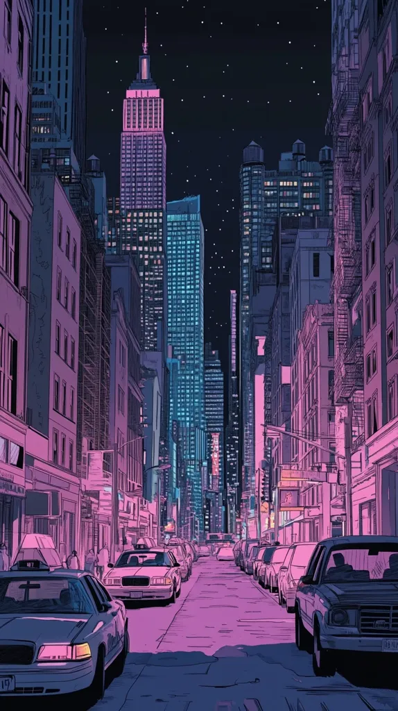 The image is an illustration of a city street at night. The street is lined with tall buildings, and there are cars parked on both sides. The sky is dark, with a few stars visible. The buildings are illuminated by streetlights, giving the scene a warm and inviting feel. There is a pink hue on the street.