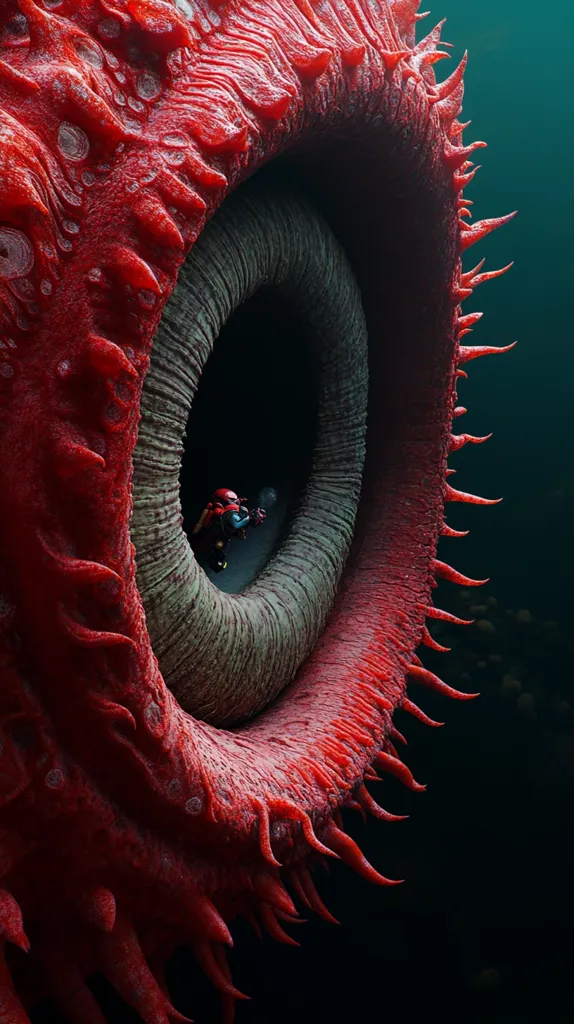 The image shows a close-up of a large, red, fleshy, spiky, eye-like structure, likely part of a monstrous or alien creature. A small, red figure is visible in the center, seemingly peering into the dark interior. The figure's size and the immense scale of the structure create a sense of overwhelming power and vulnerability. The background is a dark, mysterious teal.