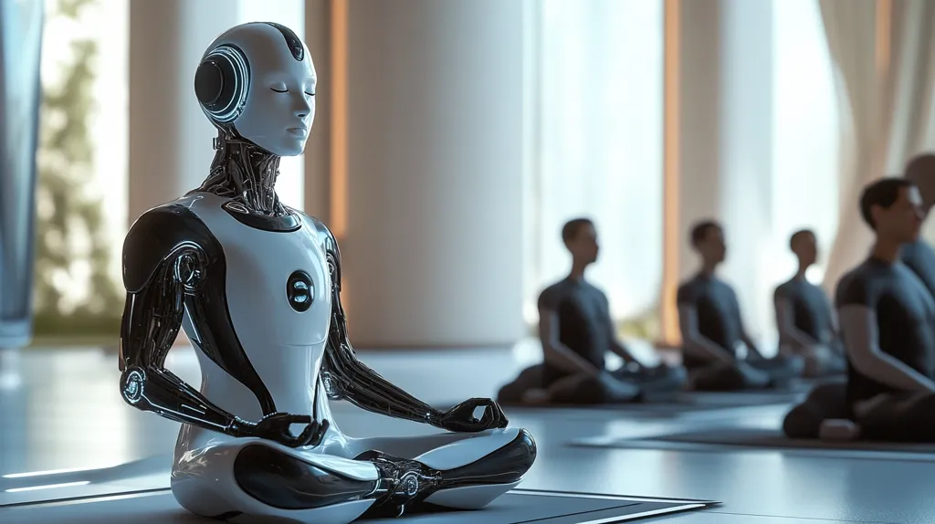 A humanoid robot, with a white and black body, sits in a yoga pose with its eyes closed. It is in a room with large windows and other people in the background, also in yoga poses. The robot is in focus, and the others are blurred, creating a sense of isolation and calm.  The image suggests a future where robots are capable of mindfulness and spiritual practices.
