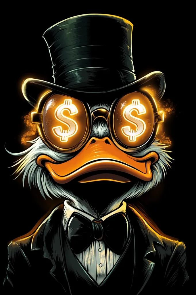A duck with a top hat and a bow tie is wearing steampunk-style goggles with dollar signs glowing in the lenses. Its expression is serious and focused, suggesting it is fixated on financial gain. The dark background and overall style create a mysterious and somewhat menacing ambiance. The image combines elements of whimsy and wealth, hinting at a character with both playful and cunning intentions.