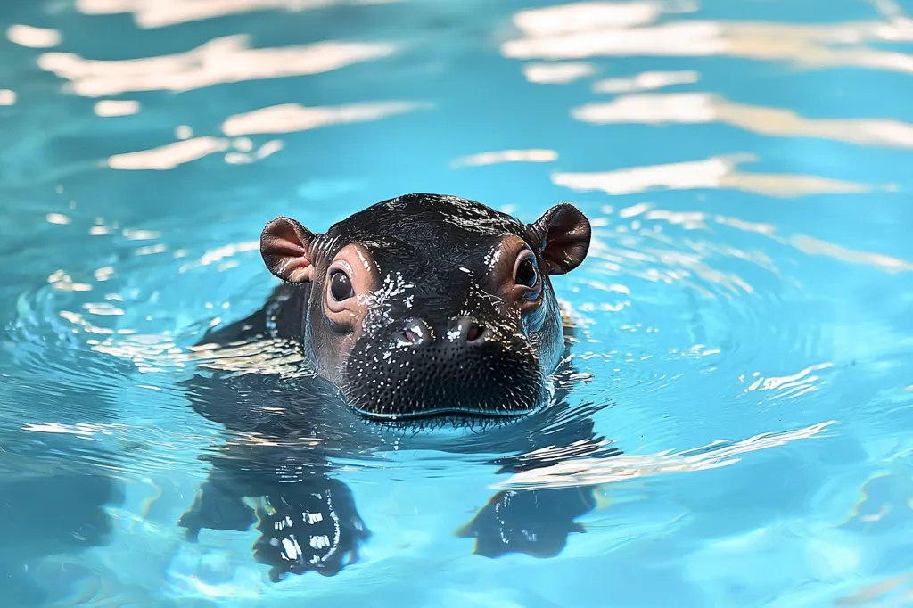 A baby hippopotamus swims in a pool of clear blue water. The hippopotamus's head is above the water, with its large eyes looking directly at the camera. The water ripples around the hippopotamus as it swims.  The hippopotamus has a black, wet snout and small ears.  The image is taken from above the water.