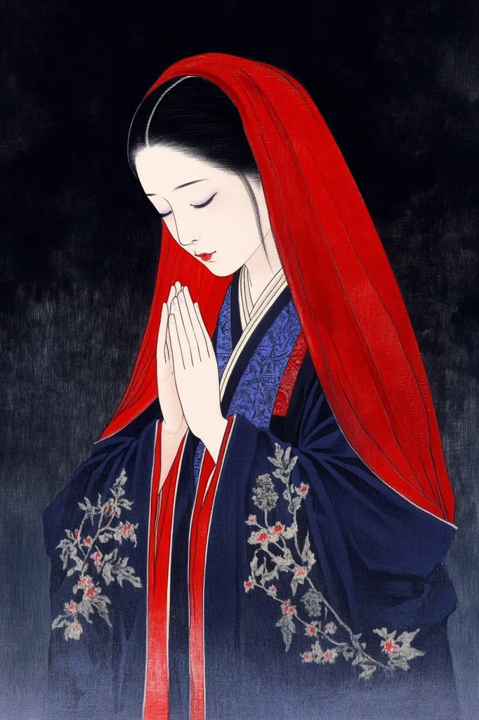 The image depicts a woman in traditional Japanese clothing. She is wearing a long, dark blue robe with a red sash and a red hood. The robe is decorated with white floral patterns. The woman has long black hair and is shown with her hands clasped together in prayer. The background is a dark blue, creating a sense of mystery and solemnity. The image is likely a depiction of a woman in prayer or meditation. The use of traditional Japanese clothing and the woman's posture suggests a connection to spirituality and ancient Japanese culture.