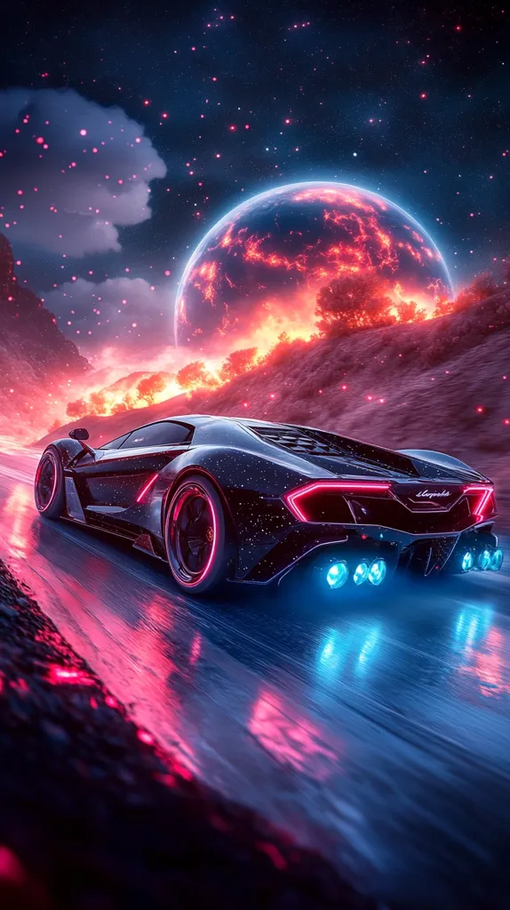 A black sports car with glowing blue tail lights drives on a wet, glistening road. The car is illuminated by a large, fiery orange planet in the background, which is surrounded by twinkling stars. The image has a vibrant, futuristic aesthetic.