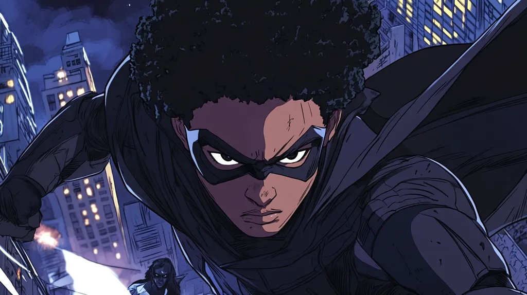 The image is a comic book style illustration of a superhero. The superhero is a young Black man with an afro, wearing a black and blue costume with a mask. He is standing in front of a cityscape, looking determined and ready for action. The background is dark and moody, highlighting the superhero's powerful presence. The image suggests a sense of justice and heroism.