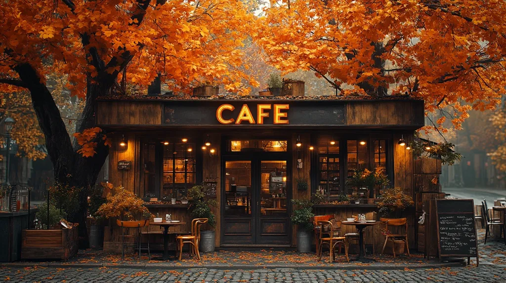 A cozy cafe with a wooden facade sits beneath a canopy of vibrant orange autumn leaves. String lights illuminate the windows and patio tables, creating a warm and inviting atmosphere. The cafe's sign, "CAFE," glows brightly, promising a respite from the crisp autumn air.