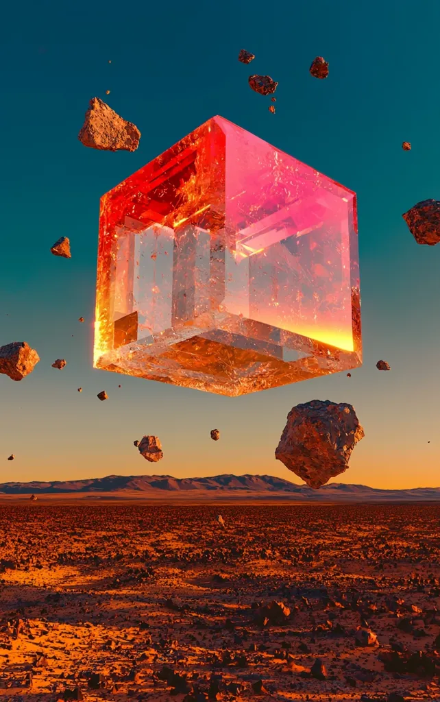 A large, red, transparent cube hovers over a barren, rocky desert landscape. The sky is a vibrant blue with a few wispy clouds. The cube casts a shadow on the ground, and the edges of the cube are lit by the setting sun. The scene is otherworldly and surreal. The cube is a powerful visual element, contrasting with the emptiness of the desert. The image is a composition of light, color, and form. It evokes a sense of mystery and wonder.