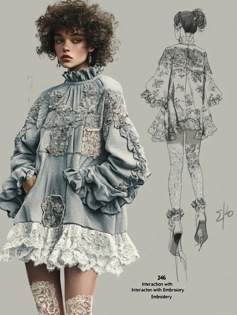 A young woman with curly brown hair is wearing a blue and white dress with lace detailing. The dress has a ruffled hem and a high neckline. The woman is also wearing white lace stockings and black high heels. The image is a fashion illustration and includes a sketch of the dress from the back. The caption reads "246 Interaction with Interaciton with Embroidery Embroidery".  The image is set against a gray background.