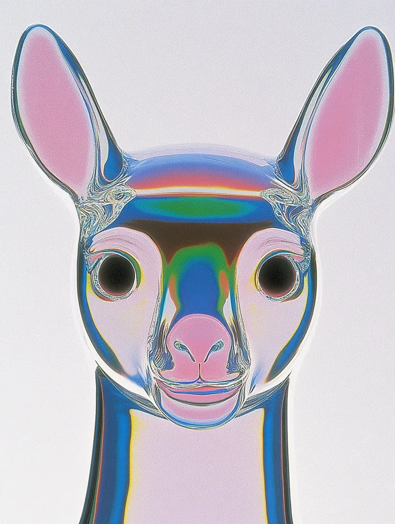 The image shows a close-up of a deer's head. The deer is depicted in a stylized, almost abstract way, with its features rendered in bold, iridescent colors. The deer's face is serene and gentle, with large, round eyes and a small, pink nose. The image evokes a sense of wonder and whimsy.