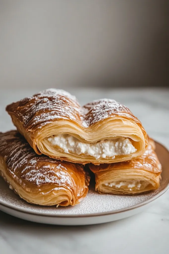 Three flaky pastries filled with white ricotta cheese, dusted with powdered sugar, are arranged on a white plate. The pastries are golden brown and slightly puffed up, with a visible layer of cheese filling in the center. The plate is resting on a clean white marble surface.  The image captures the inviting and delicious appeal of these pastries.