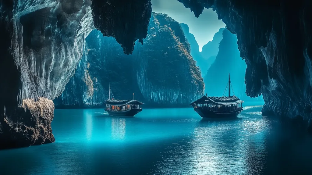 The image shows two boats in a calm bay, surrounded by towering limestone cliffs. The water is a vibrant blue, and the sky is a hazy blue with a hint of orange. The boats are wooden and traditional in style, and they are docked near the edge of a cave opening. The scene is peaceful and serene, capturing the beauty of a natural landscape.