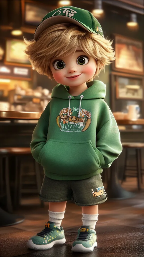 A cartoon boy with blonde hair is wearing a green hoodie, green shorts, white socks, and green sneakers. He's wearing a green and white baseball cap, and he's smiling.  He's standing in a cafe, with a wooden table behind him.  He looks happy and carefree.