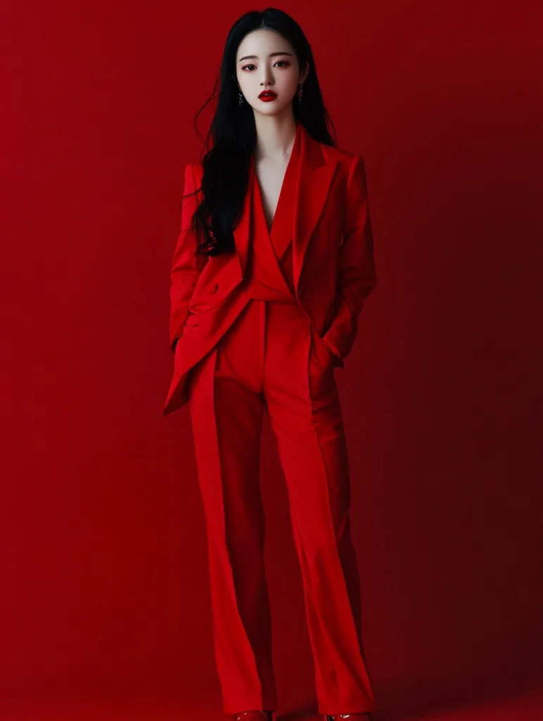 A woman with long black hair stands in a red suit against a red background. She has red lipstick and a serious expression. She is wearing a blazer and pants. The image is a fashion photograph with a minimalist aesthetic.  Her pose is confident and her outfit is striking. The red color is dominant in the image, creating a sense of boldness and power.
