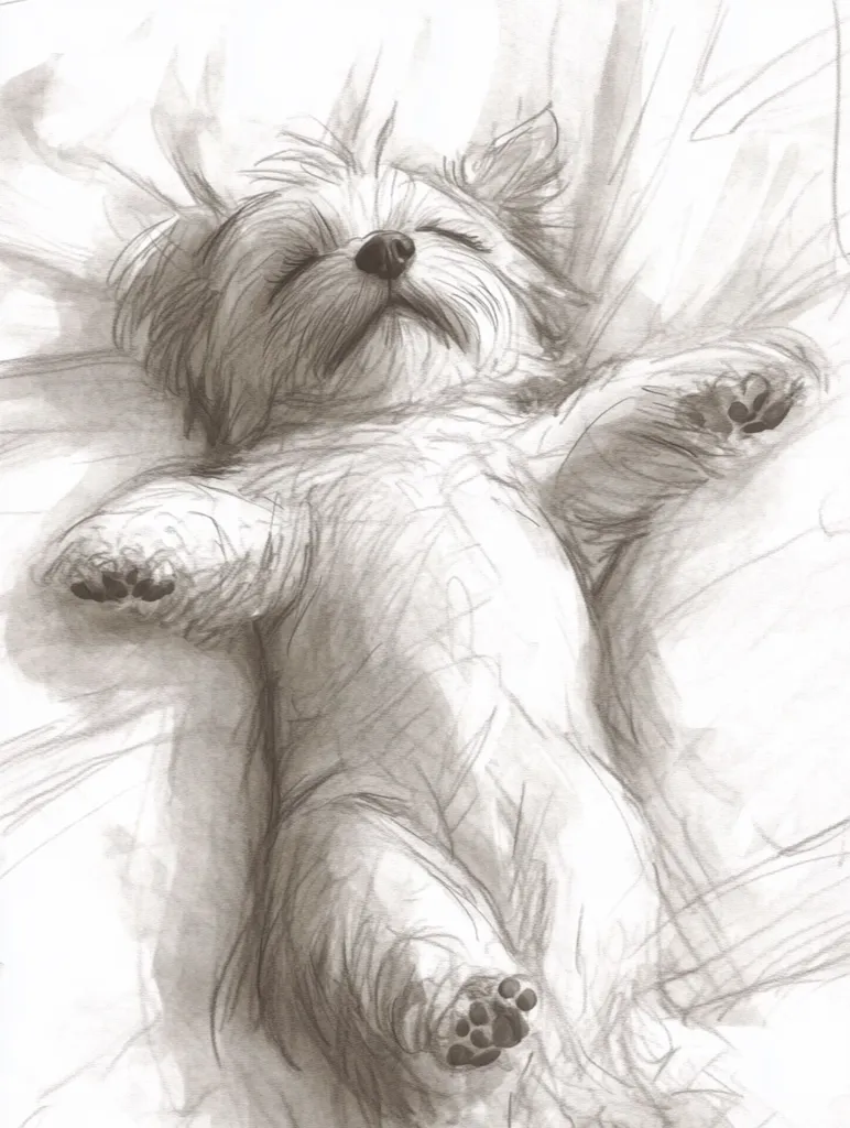A black and white sketch of a small dog sleeping on its back, with its paws raised in the air. The dog appears to be a Yorkshire Terrier or a similar breed, with a fluffy coat and small ears. The dog's eyes are closed and its mouth is slightly open, suggesting that it is in a deep sleep. The background is a simple white sheet, highlighting the dog's soft features and peaceful expression. The artist has captured the dog's relaxed state and the gentle contours of its body through subtle shading and line work. The sketch evokes a sense of tranquility and the pure joy of a dog's slumber.