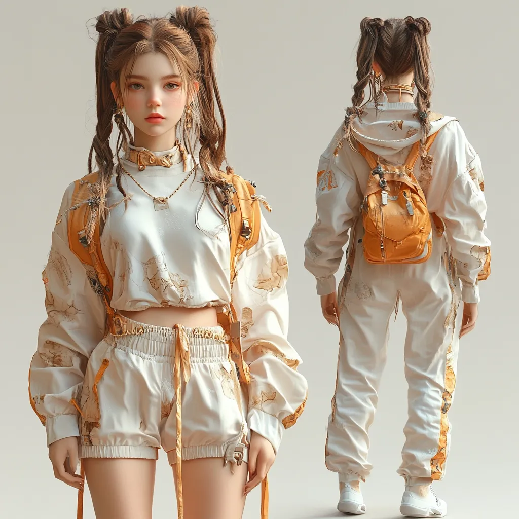 The image features two depictions of a young woman in a white and yellow outfit. The woman on the left is facing the camera, showcasing a cropped top with a matching pair of shorts, both adorned with a faded pattern. She wears a backpack with straps that extend from her shoulders. Her hair is pulled up in two high pigtails. The woman on the right is viewed from behind, wearing a long-sleeved jacket and matching pants, also featuring the same faded pattern. She wears a large yellow backpack with a drawstring closure. Both women appear to be in their late teens or early twenties, sporting a youthful and stylish appearance.