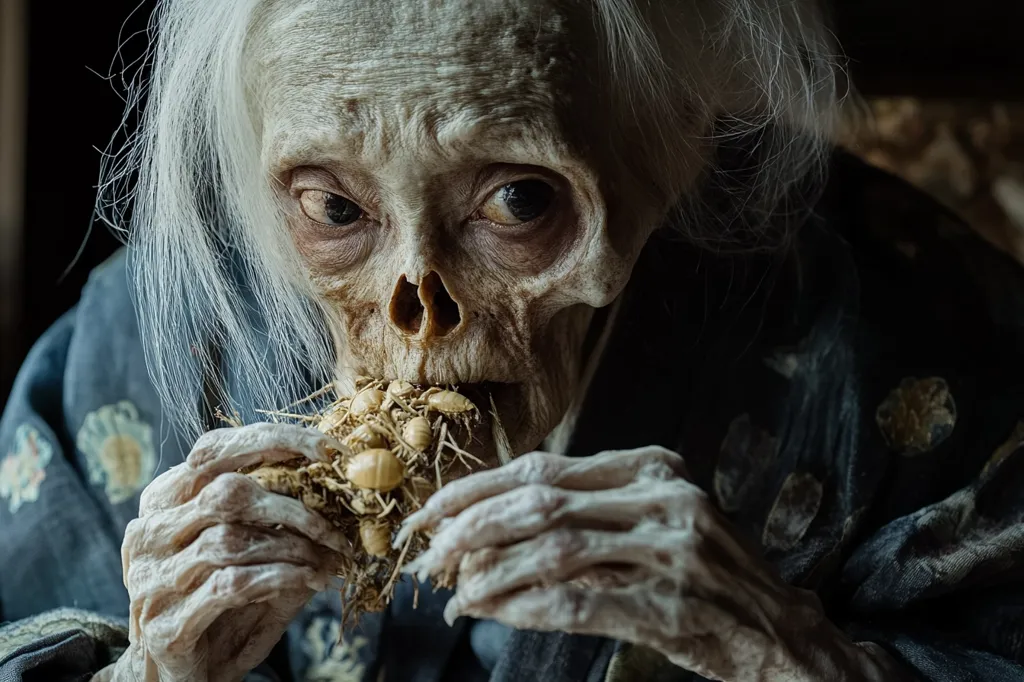 A skeletal woman with long white hair, dressed in a blue and white patterned robe, is eating a handful of what looks like insects, her expression is obscured by the food. Her emaciated hands are wrinkled and bony, and her face is gaunt with hollow eyes. The scene is dark and unsettling, highlighting the woman's frail and unsettling appearance.