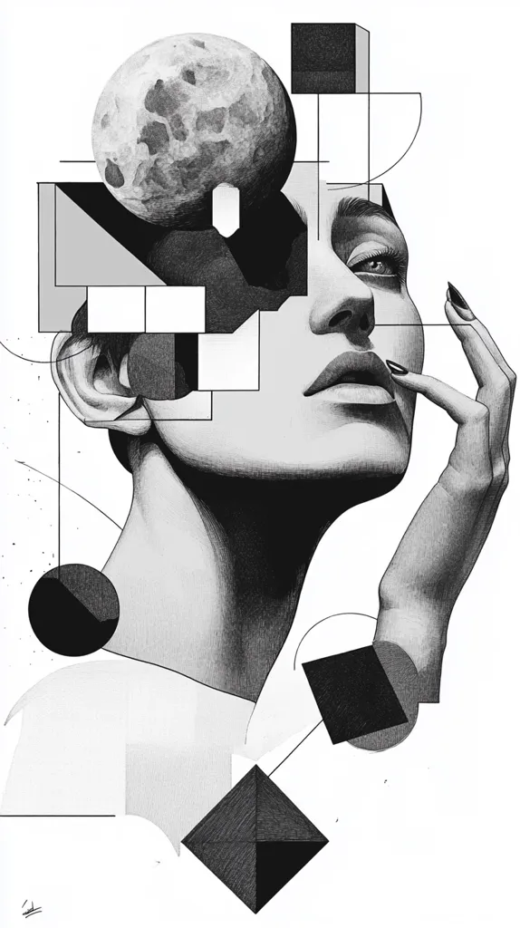 The image is a black and white drawing of a woman's face with geometric shapes superimposed on it.  Her right eye is visible and the left side of her face is obscured by the shapes.  Her right hand is raised to her face, and her mouth is slightly open.  The background is a white void with black lines and shapes forming a geometric structure. The drawing is done in pencil and has a textured quality.  The overall effect is one of abstraction and mystery.