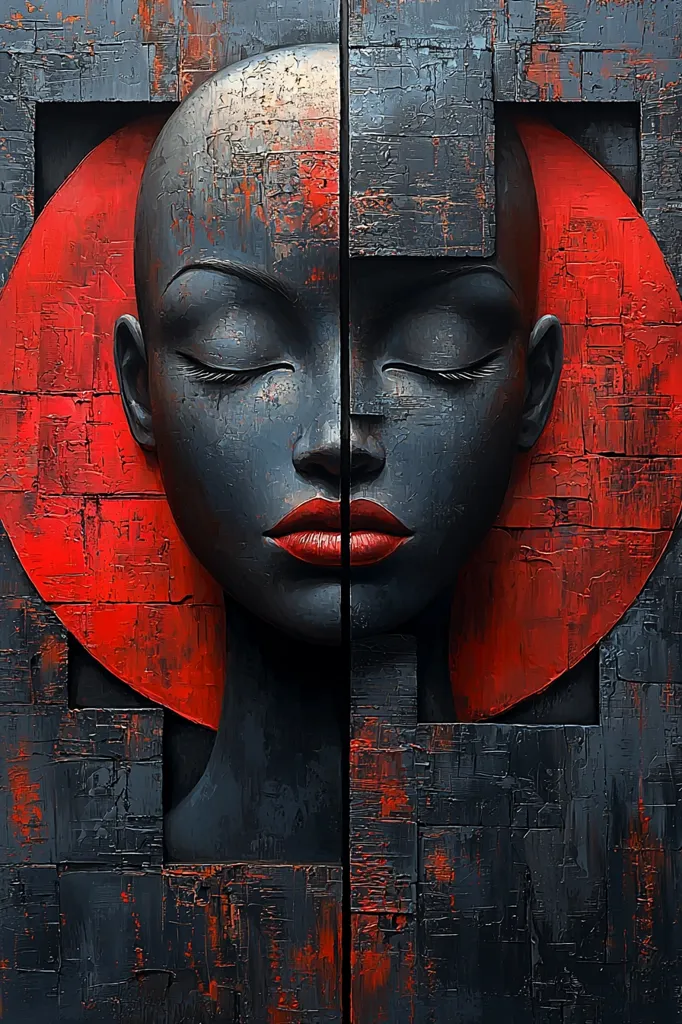 The image depicts a close-up of a woman's face, rendered in a stylized, abstract manner. The face is divided in half, with a red circular shape behind it. The background is made up of a series of square and rectangular shapes, suggesting a blocky or fragmented composition. The woman's eyes are closed, giving the image a sense of peace or tranquility. The colors are predominantly dark, with red accents, creating a sense of depth and contrast. The overall style is evocative of cubism or abstract expressionism.