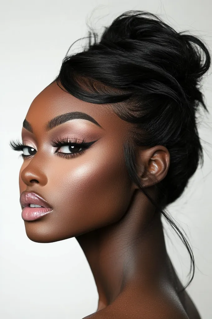 A young woman with dark skin and long, black hair styled in a bun looks at the camera with a serious expression. Her makeup features dramatic eyeliner and a glossy pink lip. The lighting is soft and highlights her facial features. She is wearing no jewelry.  The image is likely a beauty portrait.
