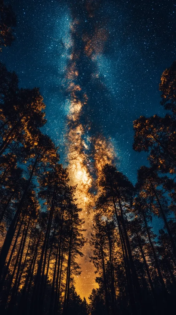 A breathtaking view of the night sky, filled with a vibrant display of stars and the milky way, stretching from horizon to horizon above a dense forest. The silhouette of tall trees stand against the backdrop of a celestial spectacle, creating a sense of wonder and awe.  The dark, foreboding trees provide a stark contrast to the bright, ethereal galaxy above.