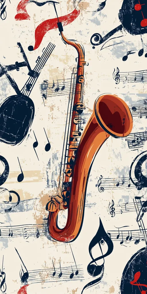 The image depicts a saxophone in a jazzy style, with a red ribbon and musical notes adorning the background. The saxophone is drawn with a bold stroke, with its bell facing the right side of the image. The notes are scattered around the instrument, adding to the vibrant and musical feel. The overall composition is visually dynamic and captures the spirit of jazz music.