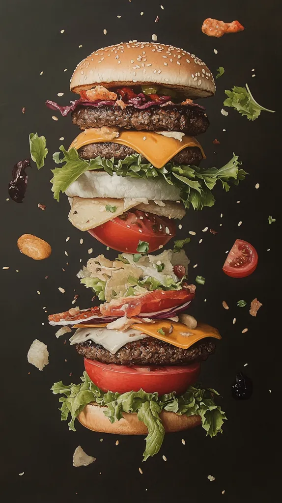The image shows a double cheeseburger with lettuce, tomato, onion, and cheese in mid-air. The burger is surrounded by various ingredients, such as lettuce, tomato slices, and sesame seeds. There are small black berries around the burger. The dark background makes the burger the main focus. It looks delicious and appetizing.