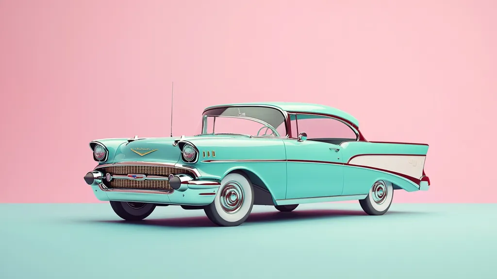 A vintage turquoise and white 1957 Chevrolet Bel Air sits on a light blue surface against a pink backdrop. The car is gleaming in the light and its iconic design is evident. The car is positioned at a slight angle, showcasing its chrome details and classic curves. The image evokes a nostalgic and stylish atmosphere.