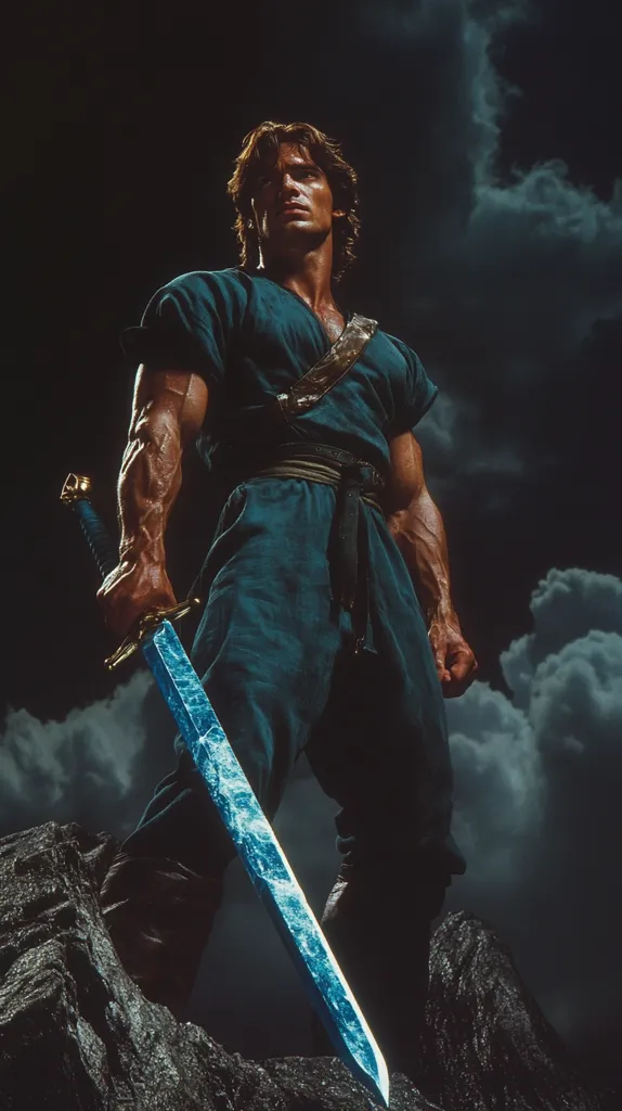 A muscular man, clad in a dark blue tunic and leather straps, holds a large, ice-blue sword. His piercing gaze and determined expression suggest a fierce warrior. Dramatic storm clouds swirl behind him, emphasizing the intensity of the moment. The image evokes a sense of power and impending conflict.