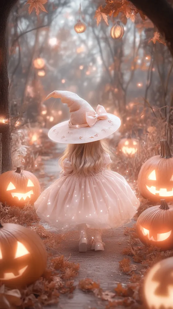 A young girl in a white dress and witch's hat stands in a magical forest, illuminated by glowing pumpkins and fairy lights.  She has long blonde hair and her dress shimmers with glitter. The path is strewn with fallen leaves, adding to the enchanting atmosphere.  The scene is whimsical and enchanting, capturing the magic of Halloween.