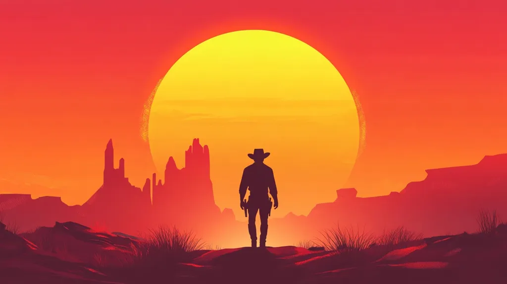 A lone cowboy, silhouetted against a massive, fiery sun, stands in a desolate, red-hued desert landscape. The sun dominates the horizon, casting long shadows across the rugged terrain, while the cowboy, armed with a gun, stares out into the unknown. The scene evokes a sense of isolation, adventure, and the Wild West.