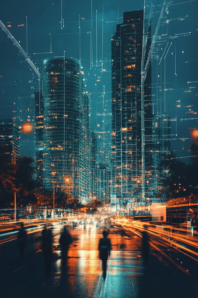The image captures a nighttime cityscape with tall, illuminated skyscrapers. A digital overlay of lines and data adds a futuristic and abstract feel. In the foreground, blurred figures walk on a street, bathed in warm light emanating from the city. The scene evokes a sense of urban life and technological advancement, with a touch of mystery and isolation.