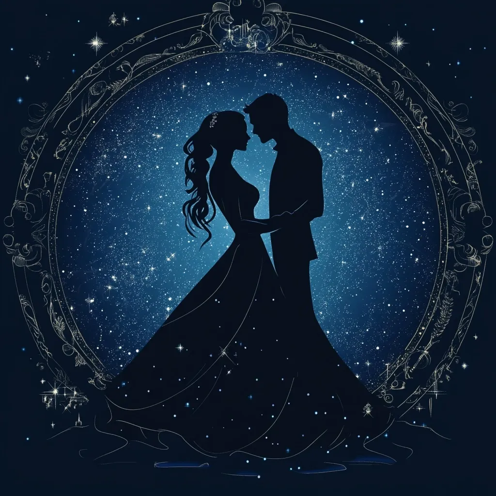 The image depicts a romantic silhouette of a bride and groom standing against a starry night sky. The couple is positioned within a circular frame adorned with intricate designs.  The bride is wearing a flowing gown, her hair cascading down her back, while the groom stands beside her, gazing into her eyes. The background is a twinkling night sky, filled with a multitude of stars. The overall effect is one of love, romance, and celestial magic.