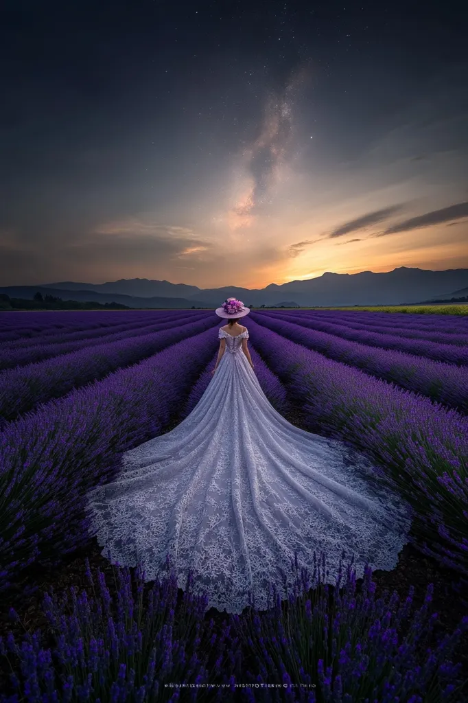 A woman in a white lace dress and a pink hat stands in a field of purple lavender. Her dress flows out behind her, creating a wave of white against the vibrant purple. The Milky Way stretches across the twilight sky, illuminating the scene with its celestial light. Mountains rise in the distance, creating a majestic backdrop. The image captures a moment of serene beauty, with the woman and the natural world harmoniously intertwined.