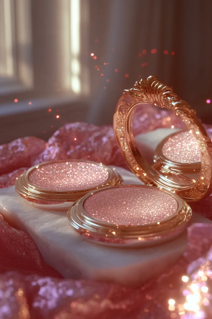 Two ornate gold and pink compact makeup mirrors sit on a white surface, surrounded by a delicate pink fabric. One mirror is open, revealing a pink and glittery surface. Soft lighting creates a dreamy, ethereal atmosphere.  The image evokes feelings of beauty, luxury, and glamour.