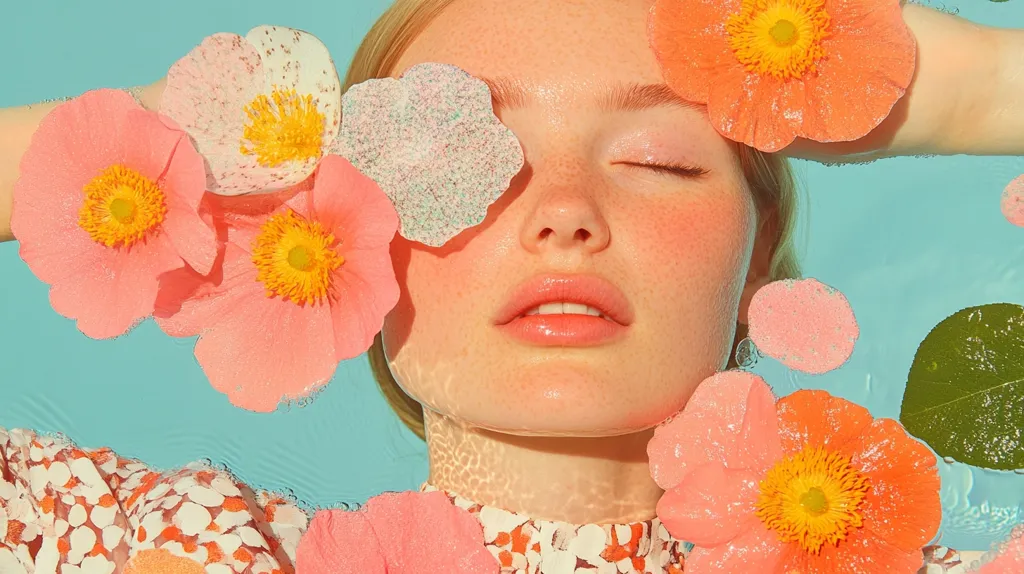 A young woman with fair skin and freckles is submerged in water, her eyes closed and lips slightly parted. Several pink and peach flowers float around her head, their petals overlapping her face. The water is a vibrant turquoise blue, creating a serene and ethereal atmosphere. The image captures a moment of tranquility and beauty, highlighting the delicate balance between nature and humanity.