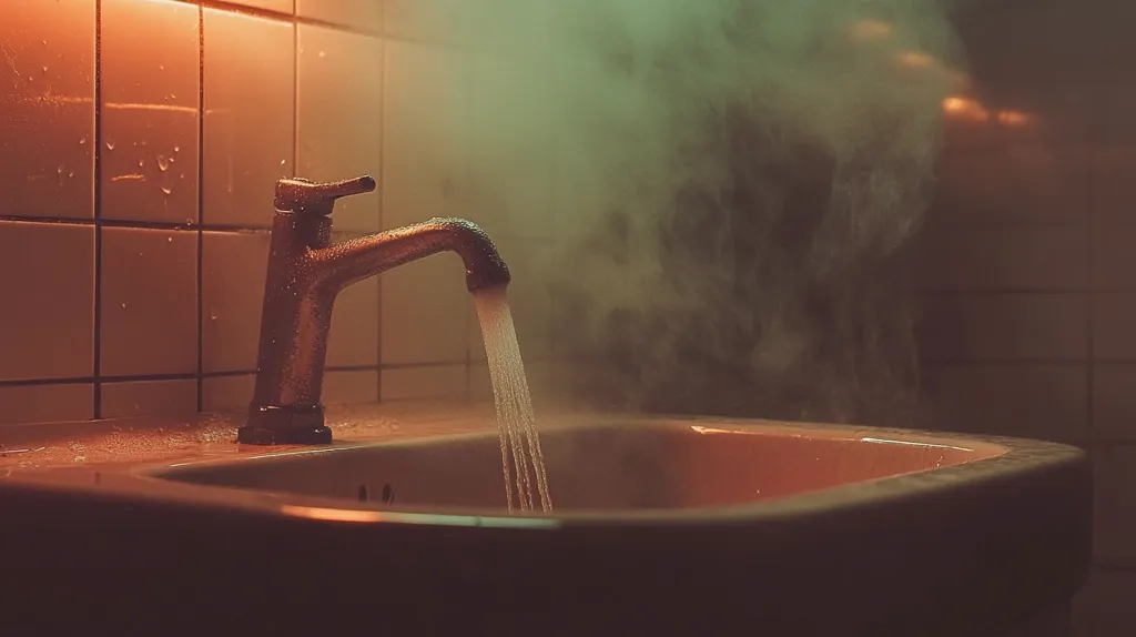 A bathroom sink with a chrome faucet pouring hot water into the basin. Steam fills the room, obscuring the background. The tiles behind the sink are a warm orange color. The image has a vintage, film-noir aesthetic.