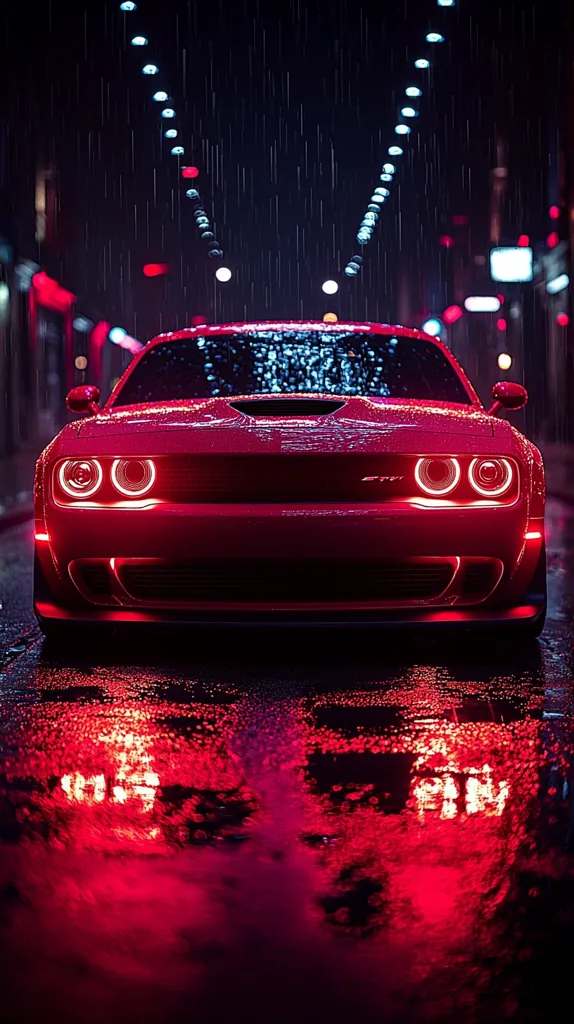 A red Dodge Challenger sits in the middle of a wet street, its headlights blazing through the rain. City lights blur in the background, creating a neon glow. Rain streaks down the windshield, reflecting the city lights in a distorted image.  The car is a sleek and powerful symbol of American muscle.