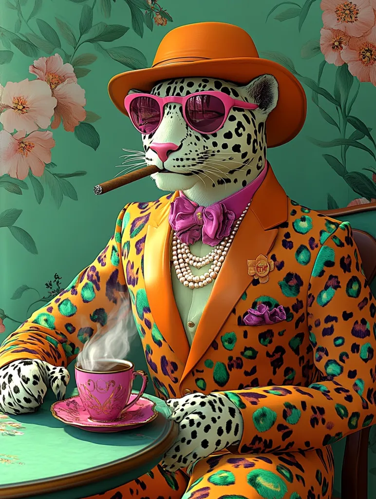A sophisticated leopard wearing a bright orange, green, and purple leopard print suit, a pink bow tie, and pink sunglasses, sits in a chair and enjoys a cup of steaming coffee and a cigar.  The leopard's background is a wall with a leafy pattern, and a table with a pink saucer.