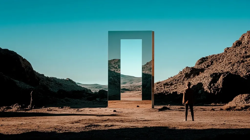 A large, rectangular, mirrored frame stands in a desolate, rocky landscape. The frame reflects the surrounding hills and a distant sky. A lone figure stands in front of the frame, looking towards the horizon. The image evokes a sense of isolation and mystery.