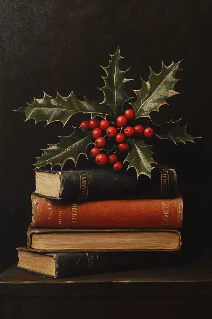 A sprig of holly with red berries sits atop a stack of four leather-bound books. The books have gold lettering on their spines. The image is painted in a realistic style with deep, rich colors. The background is a dark, almost black, canvas. The image evokes a sense of tradition and classic beauty.