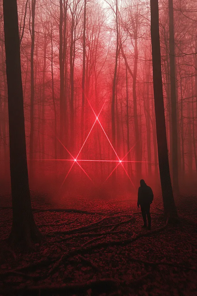 A lone figure stands in the middle of a dense forest, bathed in an eerie red glow. The forest is shrouded in fog, giving the scene a mysterious and otherworldly feel. A red triangle shines brightly in the distance, casting a stark silhouette of the trees. The scene evokes a sense of isolation and intrigue.