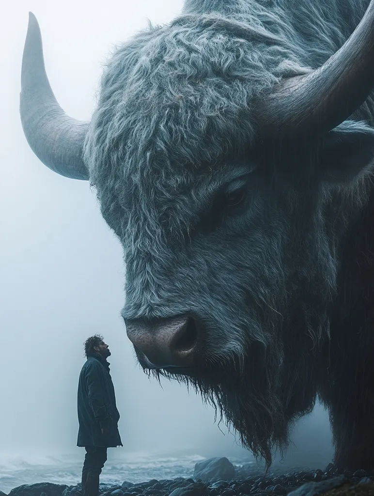 A man stands in the foreground, dwarfed by a massive, imposing bull in the background. The bull has a thick coat of fur and large, curved horns. The scene is shrouded in a hazy mist, giving the image a mystical and otherworldly feel. The man's small size compared to the bull emphasizes the animal's immense power and size.