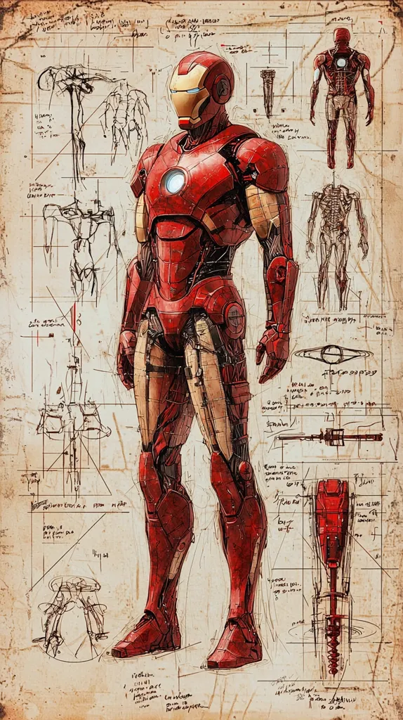 The image features Iron Man in a standing pose, rendered in a realistic style with intricate details. He is depicted on a background reminiscent of a technical blueprint, complete with sketches of his suit's components and various annotations. This artistic portrayal highlights Iron Man's technological prowess and the complex engineering behind his iconic suit. The vintage aesthetic and the inclusion of schematics create a sense of nostalgia and scientific marvel.