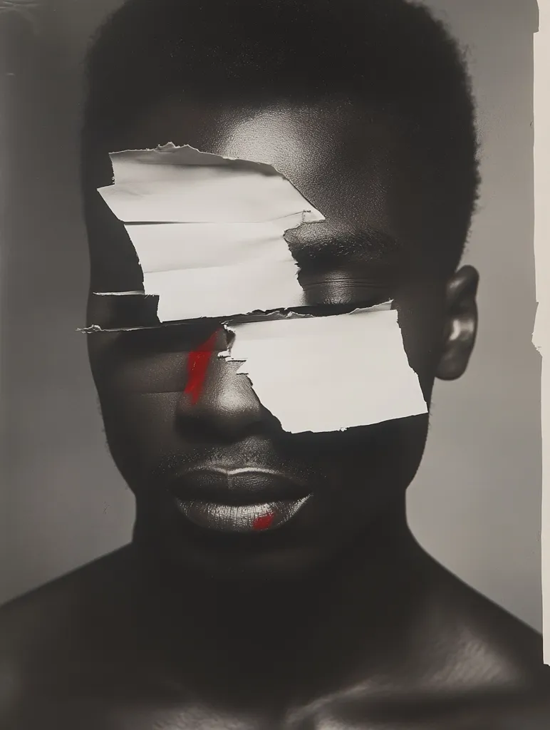 The image shows a close-up portrait of a young Black man. His face is partially obscured by white paper, which has been ripped and layered to reveal glimpses of his skin. There are streaks of red paint on his face, adding a splash of color to the otherwise black and white composition. The image is stark and striking, with a sense of mystery and intrigue.