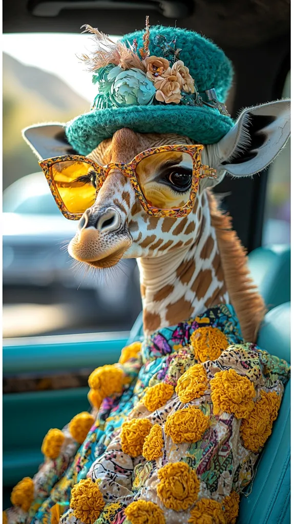 A giraffe with a bright blue top hat adorned with flowers, wears stylish yellow sunglasses.  The giraffe is sitting in a car wearing a colorful, ornate jacket with large yellow pom-poms. The image is vibrant and whimsical.