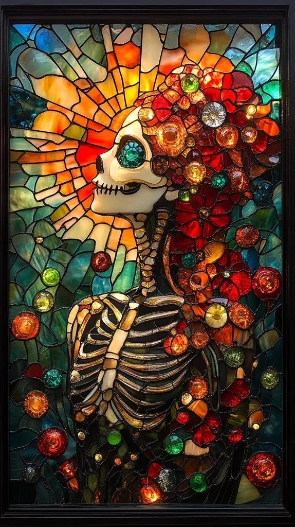 The image is a stained glass artwork depicting a skeleton with a floral crown and a skull face. The background is a vibrant mix of green, blue, red, and orange colors, resembling a forest or garden. The overall effect is striking and evokes a sense of beauty and mortality. The intricate details of the stained glass technique are evident in the craftsmanship.