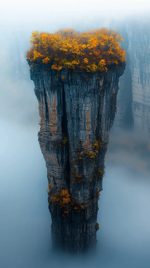A towering rock formation, resembling a pillar, rises from a misty landscape. The top is adorned with a cluster of trees, their leaves a vibrant yellow, contrasting beautifully with the grey rock. The fog swirls around the base of the pillar, creating an ethereal and mysterious atmosphere. The image captures the raw beauty of nature, a stark and awe-inspiring scene.