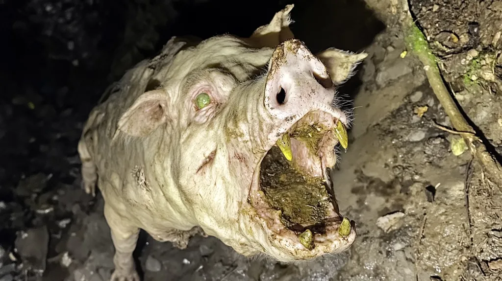 A close-up shot of a pig's face, captured from a low angle. The pig is snarling with its mouth wide open, revealing sharp teeth and a green-colored tongue. Its skin is wrinkled and dirty, and its eyes are filled with a greenish glow. The background is blurry and dark, suggesting a nighttime setting. The image creates a sense of unease and tension, suggesting the pig is dangerous and wild.