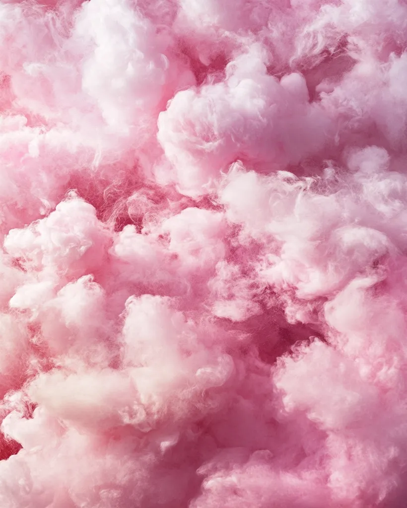 The image is a close-up of pink cotton candy. It looks soft, fluffy, and airy, with a slightly grainy texture. The light pink hue creates a gentle and dreamy atmosphere. The cotton candy appears to be piled up, forming a cloud-like mass.