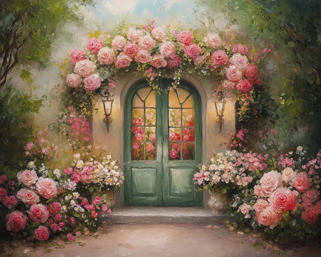 A painting depicting a charming cottage entrance adorned with a lush canopy of pink roses. The green double doors are framed by a stone archway, with lanterns flanking the sides. The surrounding garden is bursting with vibrant blooms, creating a picturesque scene of floral abundance. The soft lighting and delicate brushstrokes evoke a sense of tranquility and romance.